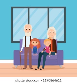 grandparents with grandson and granddaughter in house