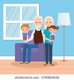 grandparents with grandson and granddaughter in house