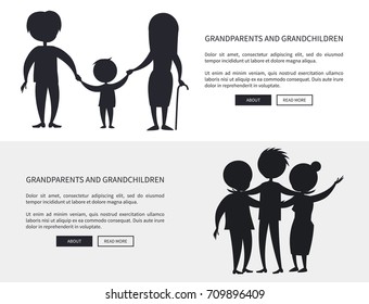 Grandparents and grandson little and grown up set of web posters black silhouettes. Senior couple walking with grandchild boy holding hands vector