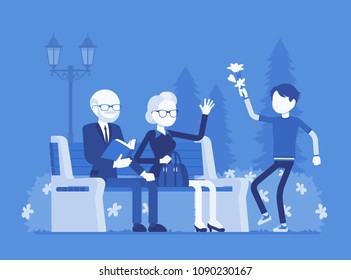 Grandparents and grandson in park. Happy retired elderly people meet with grandchild, being friends and have good relationship, enjoy outdoor time together. Vector illustration, faceless characters