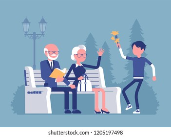 Grandparents and grandson in park. Happy retired elderly people meet with grandchild, being friends and have good relationship, enjoy outdoor time together. Vector illustration, faceless characters