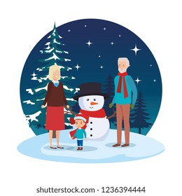 grandparents with grandson and snowman in snowscape