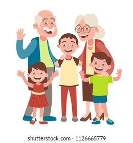 Grandparents, grandson and two grandchildren portrait. Happy grandparents day concept. Vector illustration in cartoon style, isolated on white background. 