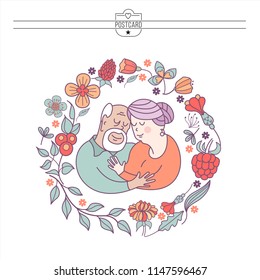 Grandparents have been together all their lives. Day of the elderly person. Family day. Cute vector greeting card. The concept of a happy family, a happy old age in the circle of loving relatives.