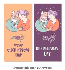 Grandparents have been together all their lives. Day of the elderly person. Family day. Cute vector greeting card. The concept of a happy family, a happy old age in the circle of loving relatives.