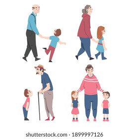 Grandparents Having Good Time with Grandchildren Set, They are Walking with Their Grandsons and Granddaughters Cartoon Style Vector Illustration