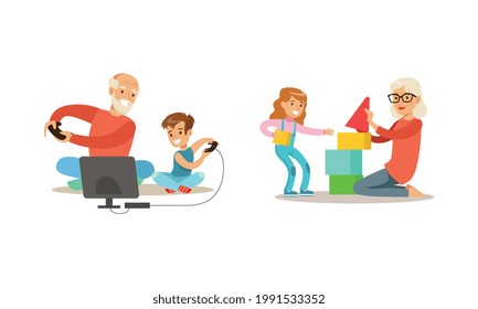 Grandparents Having Good Time with Grandchildren Get, Their are Playing Video Games and Toy Blocks Cartoon Vector Illustration