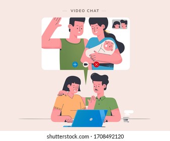 Grandparents are having online family union with their children and grandchild through video chat during COVID-19 quarantine