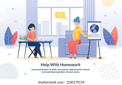Grandparents Help Grandchild with Homework Cartoon Poster. Happy Relatives Relationships. Grandma Teaching Boy. Living Room Interior. Family Time. Support in Education. Vector Cartoon Illustration