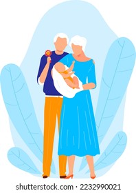 Grandparents hold baby child, grandmother grandfather senior love cartoon kid, vector illustration. Happy man woman people holding cute grandson.