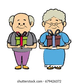  grandparents holding gift box grandpa and grandma standing