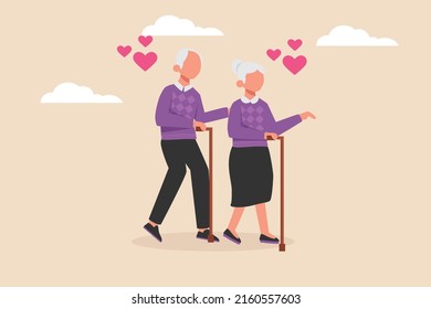 Grandparents is holding a walking stick in hand and walking togteher. Grandparents day. Colored flat vector illustration isolated.