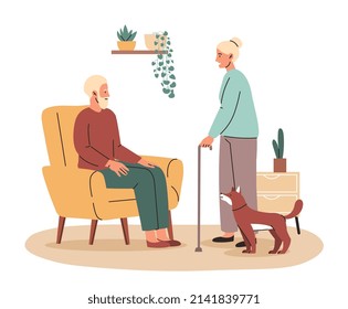 Grandparents at home. Husband meets his wife after walking dog, owners take care of pet. Good family relationships, gathering. Gardening and love for plants. Cartoon flat vector illustration