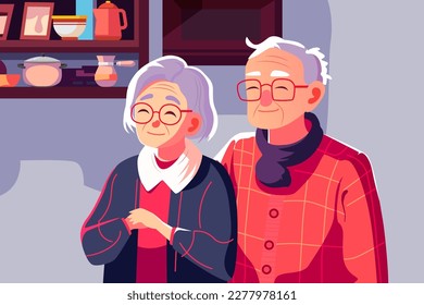 Grandparents Hugging Together, National Grandparents Day Flat Design Background, Vector Illustration