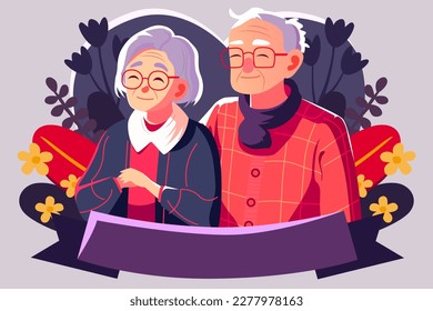 Grandparents Hugging Together, National Grandparents Day Flat Design Background, Vector Illustration