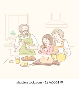 Grandparents and kid eating jam bread in hand drawn line style