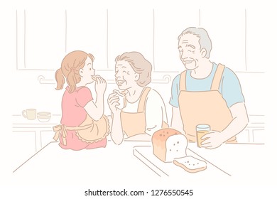 Grandparents and kid eating toast in kitchen in line style
