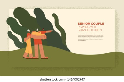 Grandparents with kid in the park. Grandfather and grandmother with grandchild in the park. Flat vector illustration characters.

