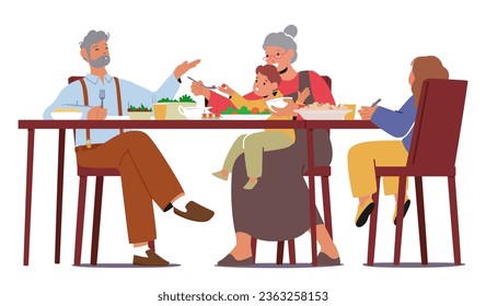 Grandparents And Kids Characters Gather Around A Festive Table, Sharing Gratitude, Laughter, And Meals On Thanksgiving. Generations United In Love And Thankfulness. Cartoon People Vector Illustration