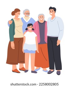 Grandparents with kids and grandchildren, isolated family portraits with male and female characters. Bonding and spending time together, husband and wife with children. Vector in flat styles