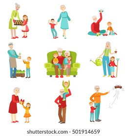 Grandparents And Kids Having Fun Together Set Of Illustrations