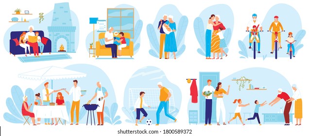 Grandparents and kids vector illustration set. Cartoon flat grandmother and grandfather characters spend happy family fun time with grandchildren, older people take care of children isolated on white