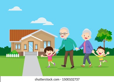 Grandparents with kids are walker near the housedaughter together outdoors.granfathar grandmother and child walking so happy