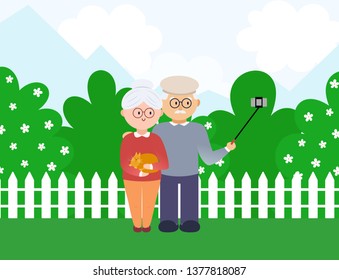 Grandparents make selfies against the backdrop of a blooming garden. Vector illustration in flat style.