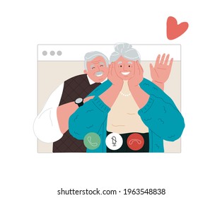 Grandparents make a video call, family conference via webcam,communication with grandparents during quarantine.Calls over the Internet.Live far away from my parents.Vector flat illustration.