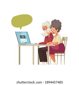 Grandparents making video call on laptop flat vector illustration