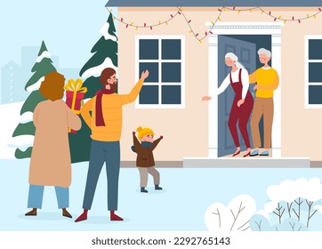 Grandparents meet family. Man and woman with child came to grandfather and grandmother for Christmas and New Year. Winter holiday and festival, culture and tradition. Cartoon flat vector illustration