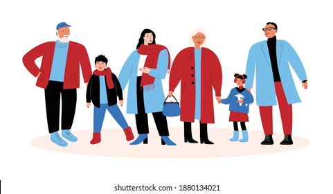 Grandparents, mother, father, children. A big family. Many people in warm clothes. Flat colorful vector illustration on white background