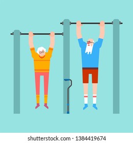 Grandparents on horizontal bar. Pull up Grandmother and grandfather street workout. Old man Sport. Fitness for seniors