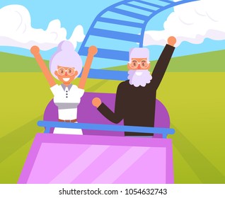 Grandparents on roller coaster. 
Vector. Cartoon. Isolated art