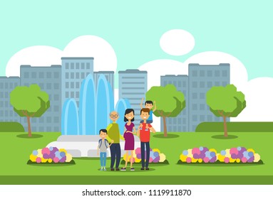 grandparents parents children grandchildren , multi generation family, full length avatar over city park fountain flowers green lawn trees cityscape template background flat vector illustration