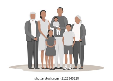Grandparents, parents and children. United family. Vector illustration.