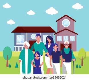 Grandparents parents and kids in front of the house design, Family relationship generation lifestyle person character friendship and portrait theme Vector illustration