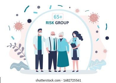 Grandparents Parents  Is Protected From Viruses And Diseases. Doctors And Elderly Couple. Good Immunity, Vaccination And Healthy Lifestyle. Coronavirus Risk Age Group 65 And Older. Vector Illustration