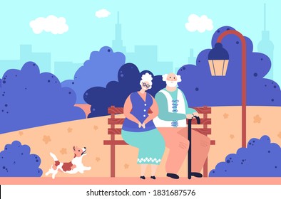 Grandparents in park. Romantic elderly people, happy senior sit together on bench. Old couple in love walk dog outdoor vector illustration