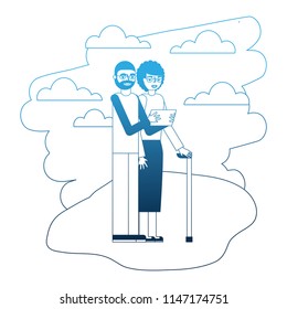 grandparents with phone and stick cane in the landscape