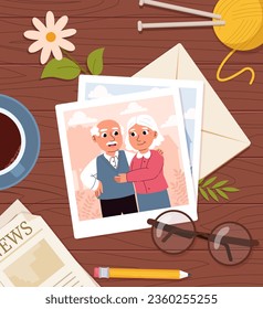 Grandparents photo concept. Picture with hugging grandfather and grandmother. Love and romance. Elder family at photography. Seniors and pensioners. Cartoon flat vector illustration