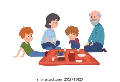 Picnic con niños de estilo plano, ilustración vectorial aislada en fondo blanco. Nietos, familia feliz pasando tiempo juntos, elemento de diseño decorativo