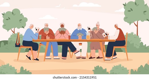Grandparents playing cards on the street, vector flat illustration on a white background. Old friends sit together at the table and play cards. Playing cards, leisure of old people