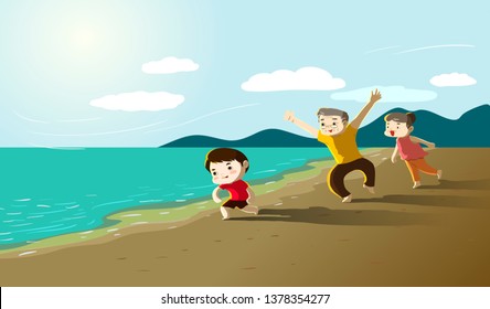 Grandparents playing happily with grandkid on summer beach, sunset, vector illustration