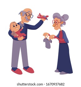 Grandparents playing with infant flat cartoon illustration. Senior grandma and grandpa loving grandson. Ready to use 2d character template for commercial, animation, printing. Isolated comic hero