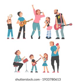 Grandparents Playing Musical Instruments And Singing With Their Grandchildren Set, Happy Grandpa And Grandma Spending Good Time With Grandkids Vector Illustration