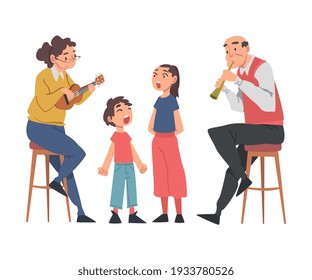 Grandparents Playing Musical Instruments To Their Grandchildren And Singing, Grandpa And Grandma Spending Good Time With Grandkids Cartoon Style Vector Illustration