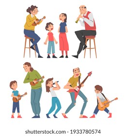 Grandparents Playing Musical Instruments with their Grandchildren Set, Happy Grandpa and Grandma Spending Good Time with Grandsons and Granddaughters Cartoon Vector Illustration