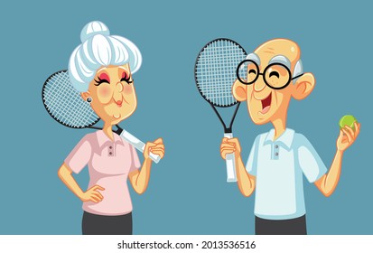 Grandparents Playing Tennis Together Vector Cartoon. Senior man and woman being active practicing leisure sports
