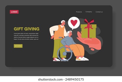 Grandparents presenting a wrapped gift, showing love and appreciation on a special day. Affection in elderly couple's life. Vector illustration.